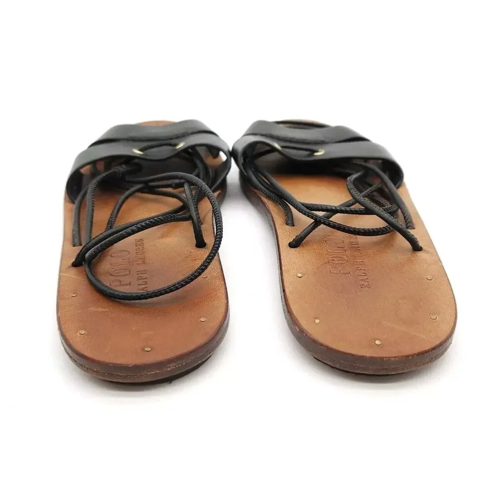 Polo Ralph‎ Lauren (Womens Size 6) Leather Flat Leg Lace Up Sandals Shoes Black